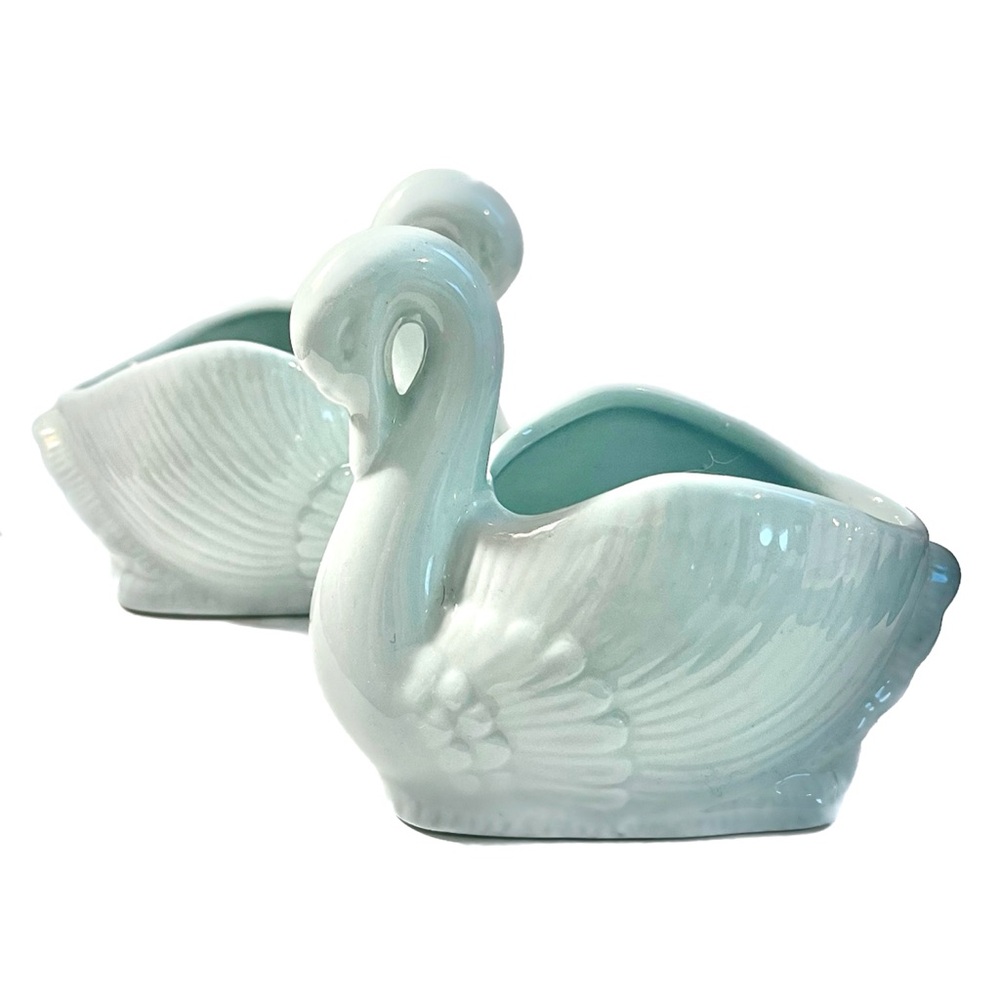 Set of 2 Light Blue Ceramic Mini Swan Planters